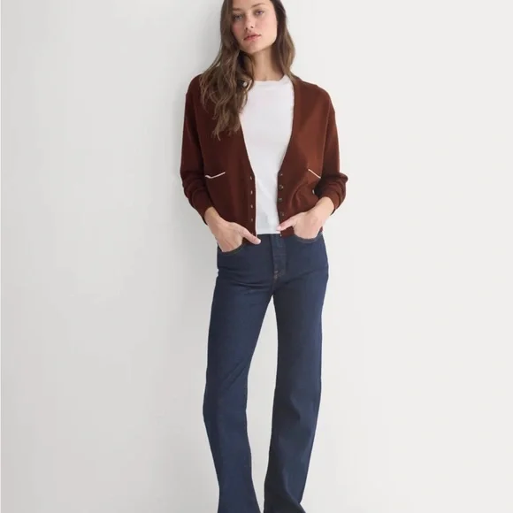 Everlane Brown V-Neck Cardigan with Contrast Trim - Picture 3 of 11